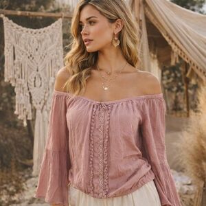 Guess Pink Off-Shoulder Top 100% Rayon Boho Peasant Bell Sleeve Blouse Romantic
